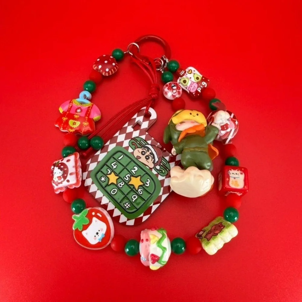 Handmade Xmas Aviator Girl Keychain Phone Bag Wristlet Red Green Charm 3 Layer
